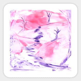 Landscape, pink, spring, nature, trees, art. Hand drawn color illustration, painting, encaustic, wax. Sticker